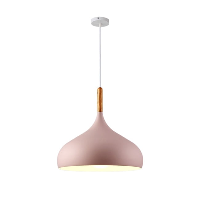 Wood Metal Colorful Pendant Lamp, Creative Ceiling Pendant Light Fixture, Modern Pendant Lighting, Farmhouse Pendant Light for Over Kitchen Island Dining Room Table Bar Entrance Cafe. The image shows a modern pendant light with a smooth aluminum shade in a soft pink finish, accented by a wooden detail near the top. The fixture is suspended by an adjustable white cord and a round white ceiling plate. Available in three sizes: small (9.4-inch diameter), medium (11.8-inch diameter), and large (13.7-inch diameter). Compatible with E27 bulbs up to 60W (not included). Ideal for indoor spaces such as kitchen islands, dining rooms, and cafes.