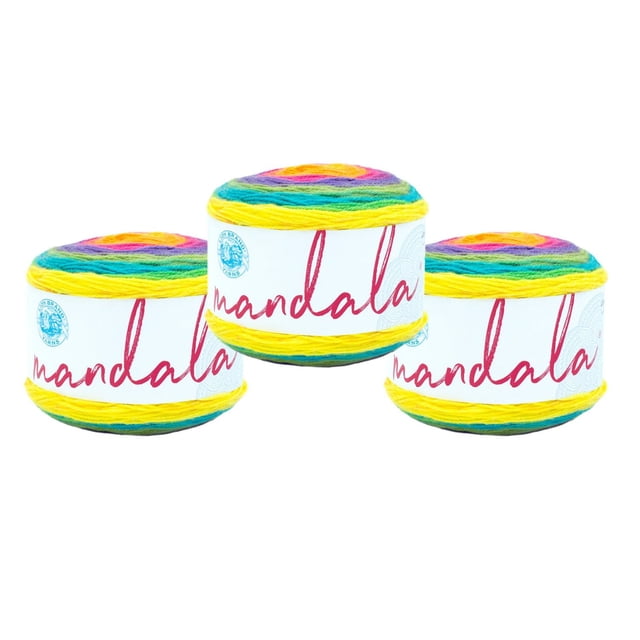 Lion Brand Mandala Yarn - Hudson Bay 3 Pack with three acrylic light weight self-striping yarn balls in yellow, green, blue, purple, and pink hues, arranged on a white background, ideal for crocheting scarves, shawls, or sorcerer's caps.