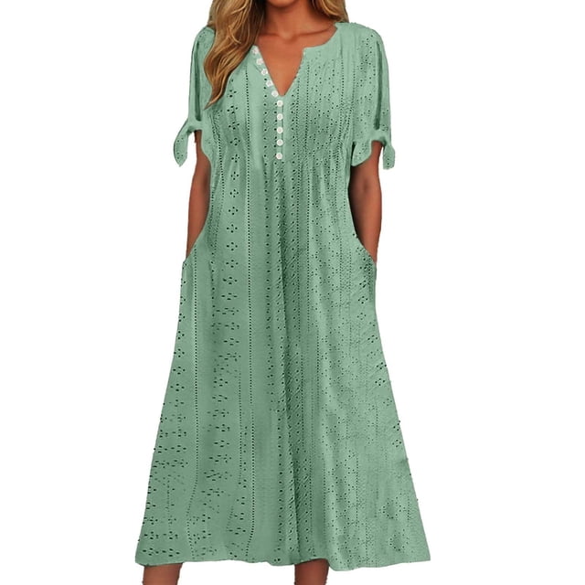 HXWCHs Robe d'Été Élégante à Col en V en Dentelle Découpée Robe Maxi pour Femmes Boho Été Décontractée Plage Longue avec Détails à Volants Vert P