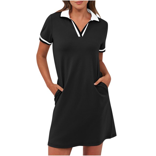 Dvprdro Robe d'Été pour Femme Mode Classique Unie à Manches Courtes Robe Mini Décontractée Ample avec Poches Robe Chemise de Tennis Golf