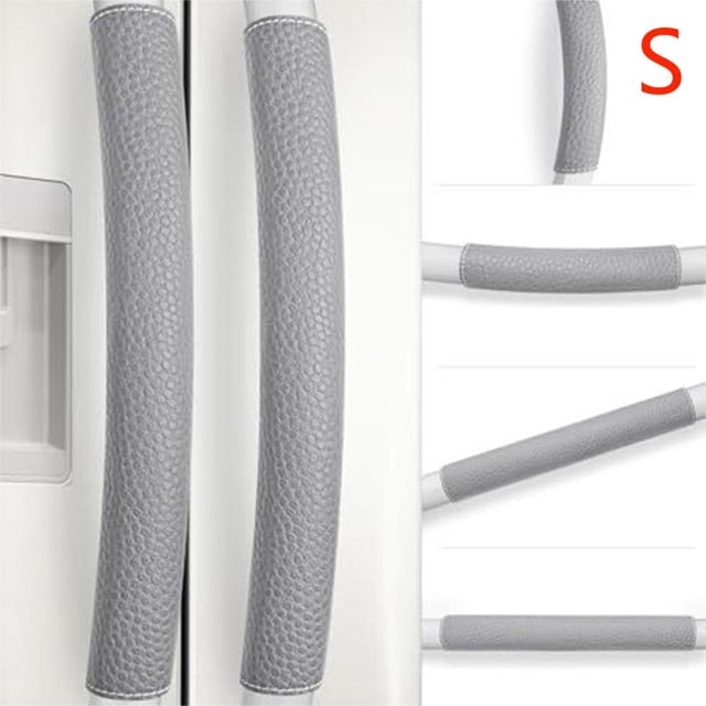 Refrigerator handle protective cover anti-collision sliding door handle cover in gray PU material, designed as a stylish kitchen accessory. Shown installed on appliance handles, it features a textured surface and slip-on design for easy installation. Protects handles from dirt, scratches, and wear, suitable for refrigerators, ovens, and dishwashers.