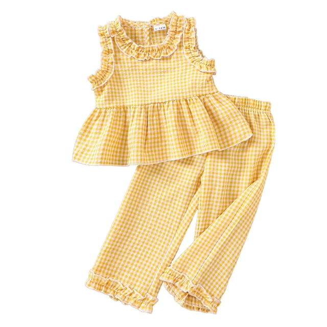 Hiiyo Infant Girls Cotton Outfits Ruffle Sleeveless Plaid Tank Top Pants Set, Sizes 6M-4T