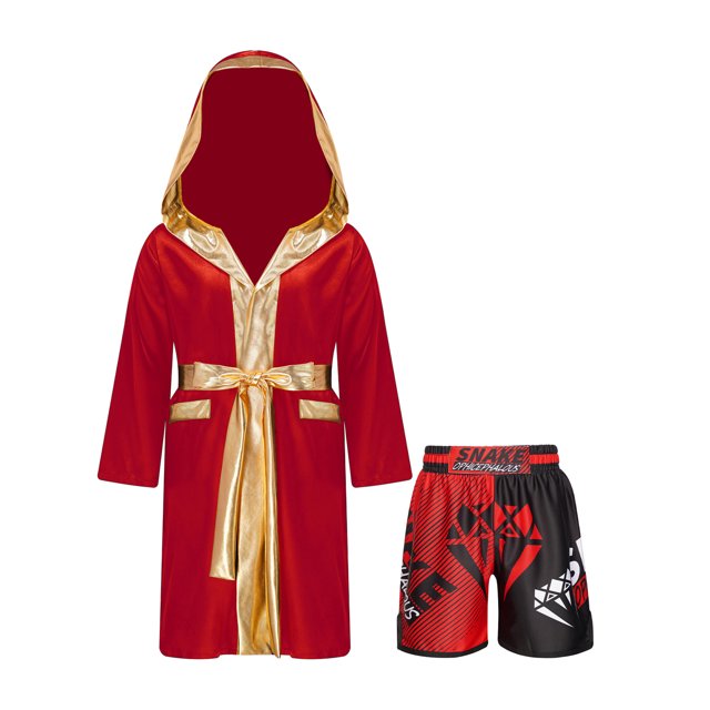 RUNQHUI Kids Boys Boxing Outfits Metallic Satin Hooded Robe Cloak and Shorts Set Boxer Party Fancy Dress B3 6