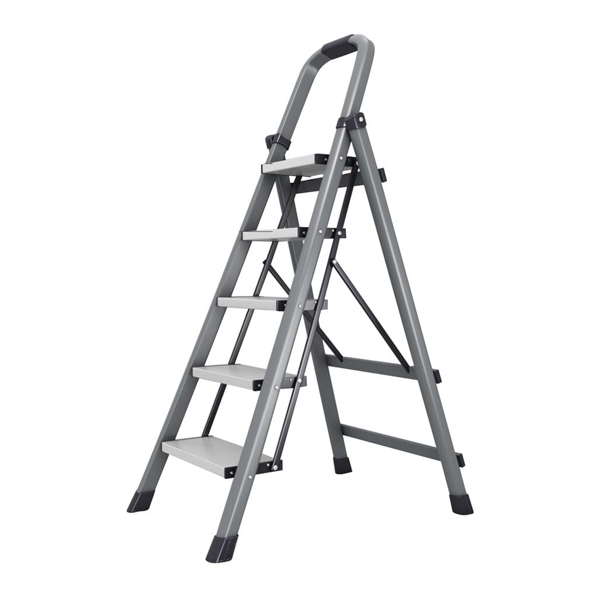 5-Step Folding Step Ladder with Handrails, Wide Anti-Slip Steps, Heavy Duty Steel Frame, Portable Stepladder for Kitchen, Closet and Home, Gray