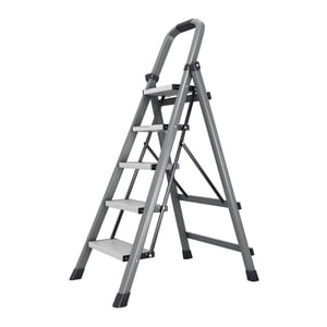 5-Step Échelle pliante à pas avec barres de maintien, grandes marches antidérapantes, cadre en acier lourd, échelle portative pour cuisine, placard et maison, gris