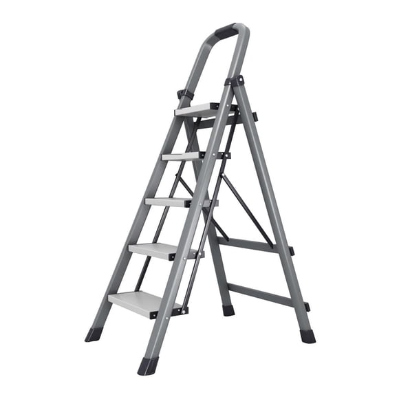 5-Step Folding Step Ladder with Handrails, Wide Anti-Slip Steps, Heavy Duty Steel Frame, Portable Stepladder for Kitchen, Closet and Home, Gray