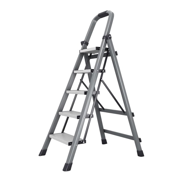 5-Step Folding Step Ladder with Handrails, Wide Anti-Slip Steps, Heavy Duty Steel Frame, Portable Stepladder for Kitchen, Closet and Home, Gray