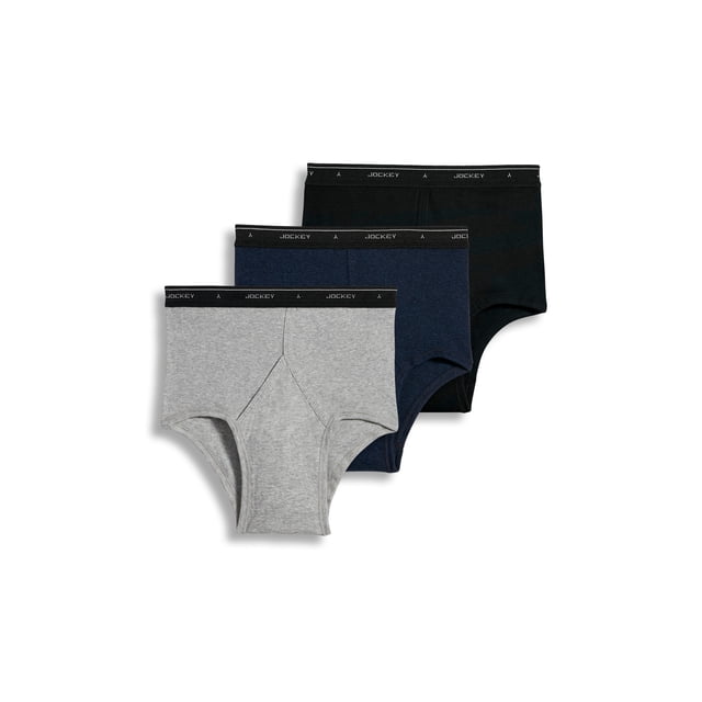 Jockey Men's Classic Full Rise Brief - 3 Pack featuring three pairs of full-rise briefs in grey, navy, and black. Made from breathable 100% cotton fabric with StayNew technology to reduce pilling and fading, and Staycool+ technology for sweat-wicking comfort. Includes Y-Front fly design for secure fit and full coverage.