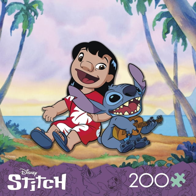Ceaco Disney Such a Classic Stitch 200-piece interlocking jigsaw puzzle featuring Lilo in a red dress and flip-flops sitting beside Stitch playing a ukulele on a Hawaiian beach with palm trees and ocean, completed size 14 by 19 inches, suitable for family game nights and Disney collectors.