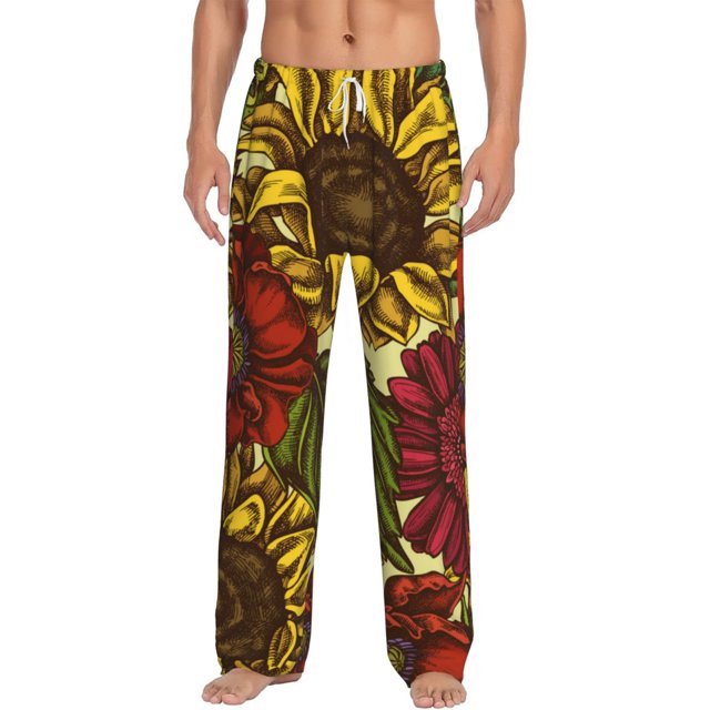 Kdxio Sunflower Print Mens Pajama Pants Set Sleep & Lounge Pants, PJ Bottoms with Pockets and Button Fly-Large