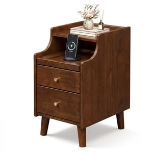 Gymax Wood Nightstand w/ 2 Drawers Narrow Bedside Table w/ Pull-out Tray & Cable