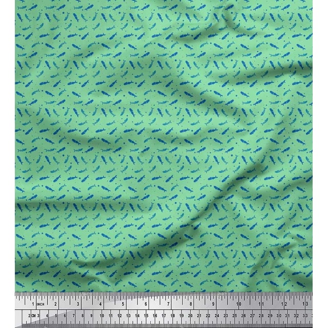 Soimoi Polyester Crepe Fabric Dot & Whale Ocean Decor Fabric Printed Yard 52 Inch Wide