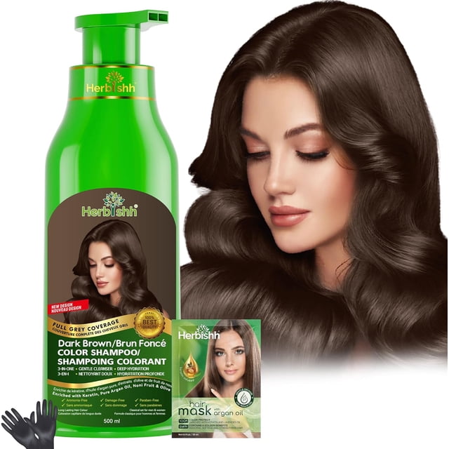 Herbishh Hair Color Shampoo for Gray Hair in Dark Brown, a 500 ml 3-in-1 hair dye shampoo that colors, cleanses, and conditions hair. The image shows the green bottle with product branding, a sachet of argan oil hair mask, and a model with vibrant dark brown hair. This semi-permanent hair color provides full gray coverage, enriched with argan oil, olive oil, and wild ginseng, lasting up to 2-3 weeks. Includes a pair of black gloves for easy application.