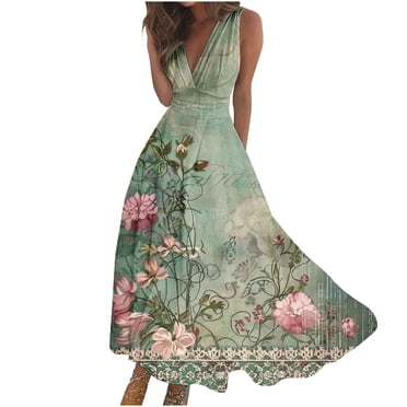 RKSTN Robes d'Invitée de Mariage pour Femmes Mode Décontractée Amples Grande Taille Évasées Robes d'Été Décontractées Bohèmes à Imprimé Floral Sans Manches à Col en V Poitrine Enveloppée Robes de Cocktail