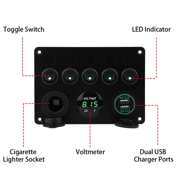 Panneau d'Interrupteur à Bascule, 12-24 V 5 Niveaux Marche/arrêt pour Voiture, Voltmètre USB Double pour Voiture, Bateau, Marine, Camion