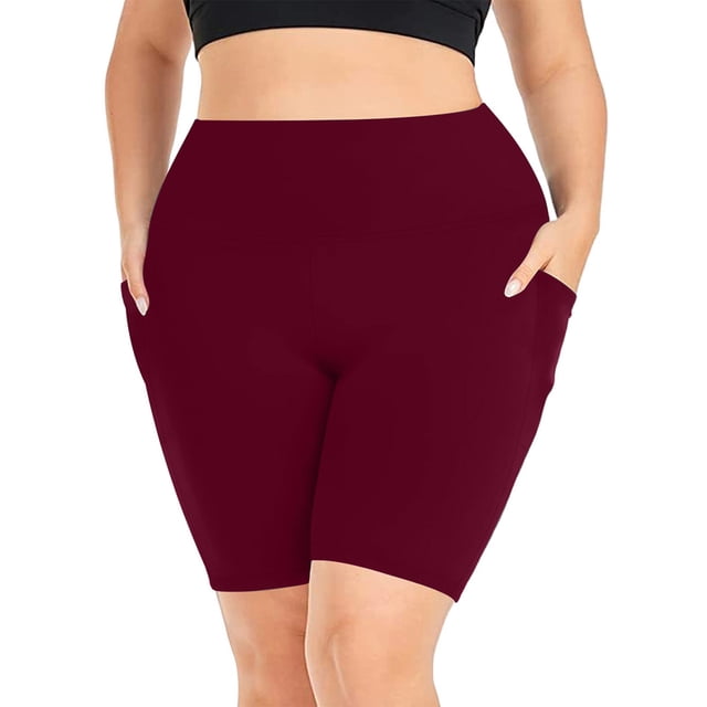 Timegard Plus Size Shorts for Women, high-waisted quick-dry workout gym yoga shorts with pockets, shown in a deep burgundy color. Made from 95% polyester and 5% spandex, these women's athletic shorts feature a comfortable elastic waistband and a loose fit for flexibility. Designed for casual summer wear, they provide a flattering silhouette and are ideal for lounging or outdoor activities. Suitable for plus-size activewear needs.