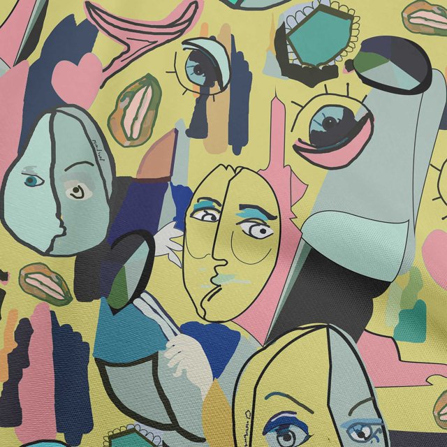 oneOone Silk Tabby Yellow Fabric Abstract Comic Face Sewing Material Print Fabric By The Yard 42 Inch Wide