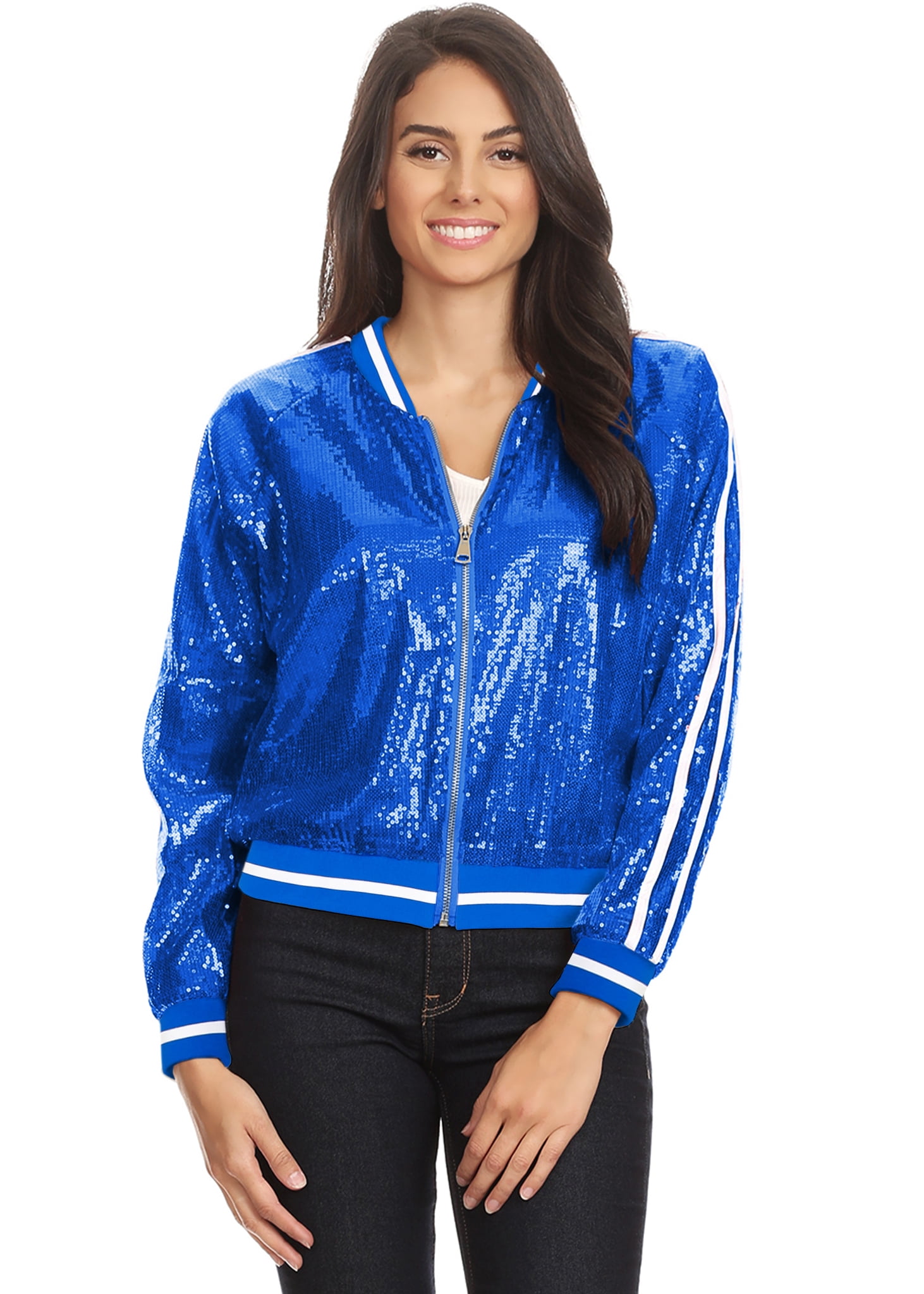 Veste Bomber à Rayures et Sequins à Manches Longues pour Femmes avec Fermeture Éclair à l'Avant