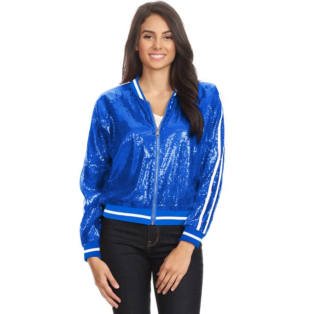 Veste Bomber à Paillettes à Rayures pour Femmes à Manches Longues avec Fermeture Éclair Frontale