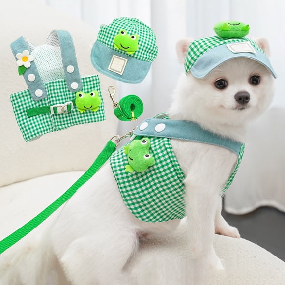 Summer Pet Harness and Leash Set, 3-Piece Breathable Mesh Vest, Adjustable Straps, Reflective Design, Sun Hat, Green, for Small and Medium Cats and Dogs