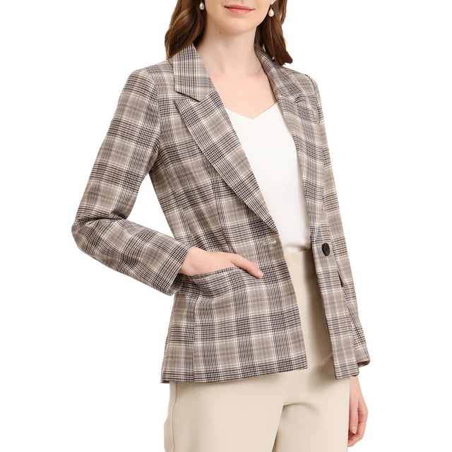INSPIRE CHIC Blazers pour Femmes Revers Cranté Manches Longues un Bouton Blazer à Carreaux Brun Beige G
