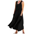 thumbnail image 1 of CHOK Robe Décontractée en Lin et Coton Uni Col en U pour Femmes Sans Manches 2024 avec Poches Bleu 4TG, 1 of 7
