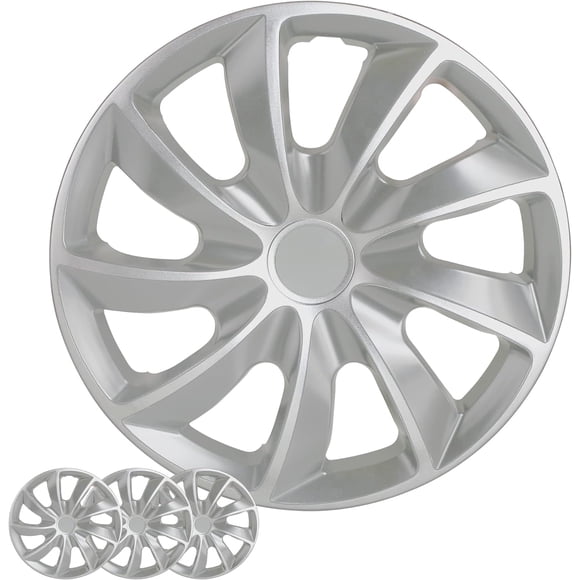 Wheel Cover Kit, 14 Inch Hubcaps Set of 4 Automotive Hub Caps with Universal Snap-On Retention Rings, 1-Tone ABS Plastic Silver Rim Covers for All Makes, Models (SG-5084-B-15)