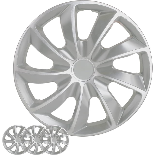 Wheel Cover Kit, 17 Inch Hubcaps Set of 4 Automotive Hub Caps with Universal Snap-On Retention Rings, featuring a 1-tone silver ABS plastic design. These hubcaps are compatible with all makes and models, offering a durable and rustproof solution for enhancing the appearance of steel rims. The set includes four hubcaps with stainless steel retention rings for secure installation, mimicking the look of alloy rims.