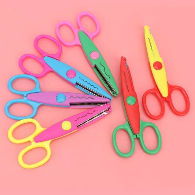 Kids Scissors, Paper Edge Scissors made of durable plastic material, featuring six pairs of scissors with different lace serrations. Each scissor has a bright, assorted color design, enhancing children's color perception and creativity. Suitable for DIY lace, photo albums, and art paper cutting. Displayed on a pink background.