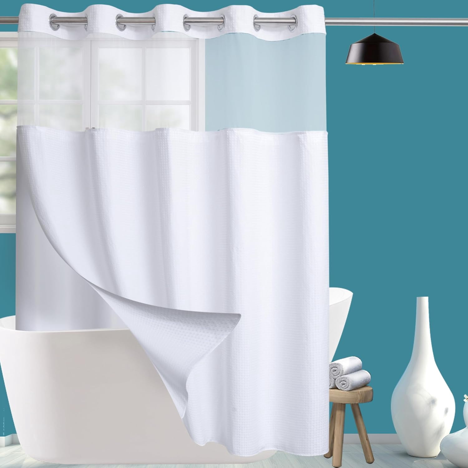Mio No Hook Waffle Weave Shower Curtain with Snap in Liner Set, Hotel Luxury White Shower Curtains for Bathroom with See Through Top Window, Waterproof, Washable 71W x 74H