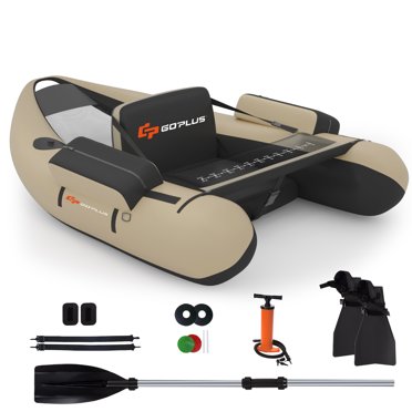 Goplus Bouée de Pêche Gonflable avec Pompe et Poches de Rangement et Règle pour Poisson Beige