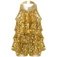 thumbnail image 3 of TiaoBug Girls Sleeveless Shiny Sequins Halter Tassel Mini Dress Latin Jazz Salsa Samba Rumba Unitard Dress Gold 4, 3 of 6