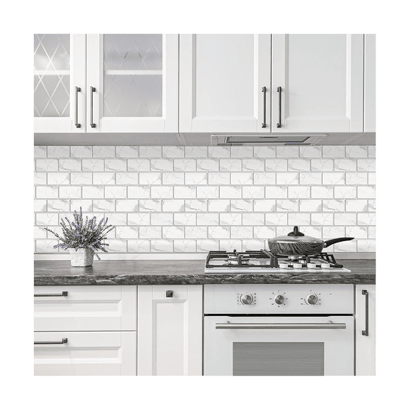 12-Sheet Peel and Stick Backsplash Tile, Faux White Marble Look PVC Stick on Backsplash Tiles for Kitchen 12X6Inch Gray