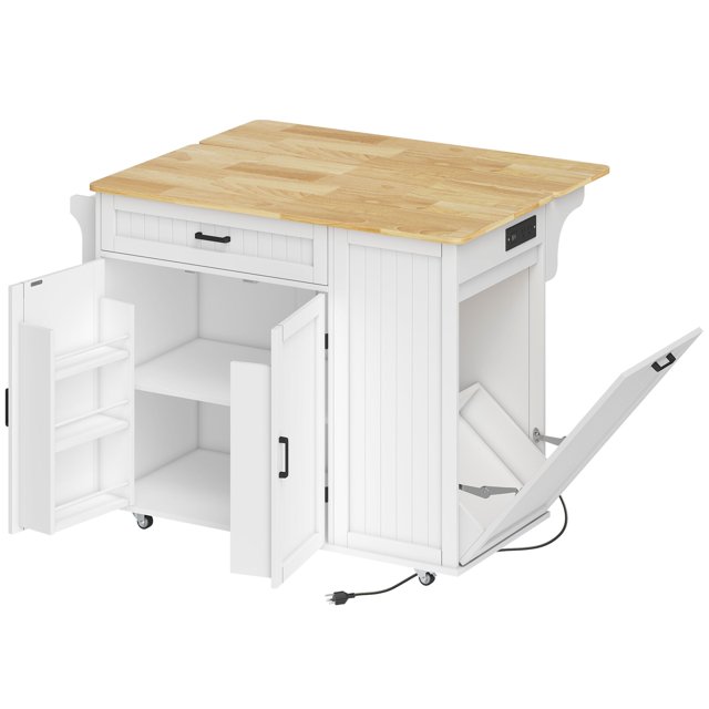 White Kitchen Island Cart with Drop Leaf & Charging Station - 48” Portable Kitchen Island Table with Storage & Wheels for Living Room, Dining Area