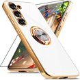 thumbnail image 1 of ORUYROP for Samsung Galaxy S23 Case with Screen Protector, Built-in 360 Rotation Ring Holder Magnetic Stand, Luxury Shiny Plating Edge Shockproof Electroplated Protective Phone Cover (White/Go, 1 of 7
