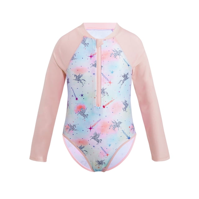 YONGHS Kids Girls Long Sleeve One Piece Swimsuits Zipper Rash Guard Swimwear UV Protection Bathing Suit Multi Horse 10