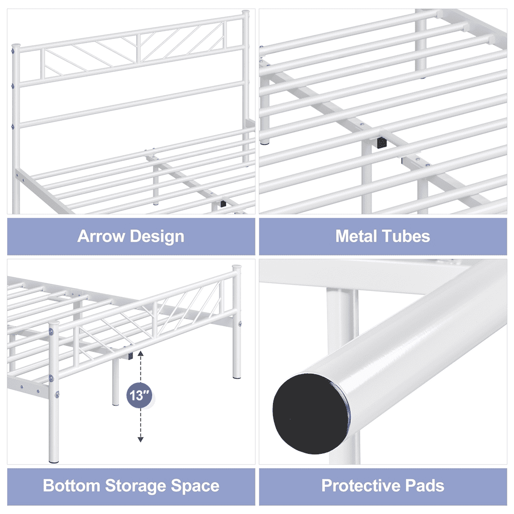FullFurnique Minimalist Metal Platform Bed with Arrow Design Headboard for Adults, Full, White