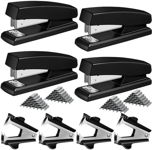 4 Pieces Stapler for Desk Staplers Bulk with 4 Stapler Remover 4000 Staples Office Stapler 25 Sheet Capacity Black Staplers Pack for Office