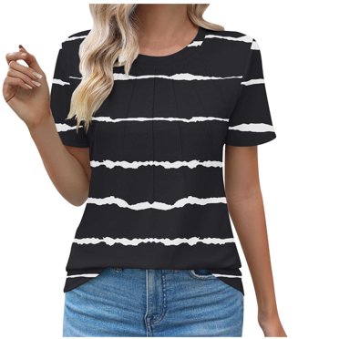 Scyoekwg Hauts pour Femmes Habillés d'Été à Col Rond Hauts Basiques Amples T-Shirts à Manches Courtes Tendance à Imprimé Rayé Blouses Légères (Noir,P)