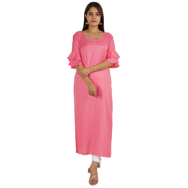 Moomaya Solid Rayon Kurta For Women bell Sleeve Drawstring Neck Long Ethnic Kurti