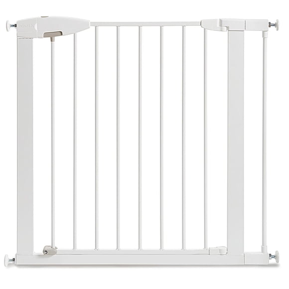 Munchkin Easy Close Barrière de bébé montée par pression pour escaliers, couloirs et portes, passage avec porte, 29" de haut et 29,5" à 35" de large, comprend (1) rallonge de 2,75", métal, blanc