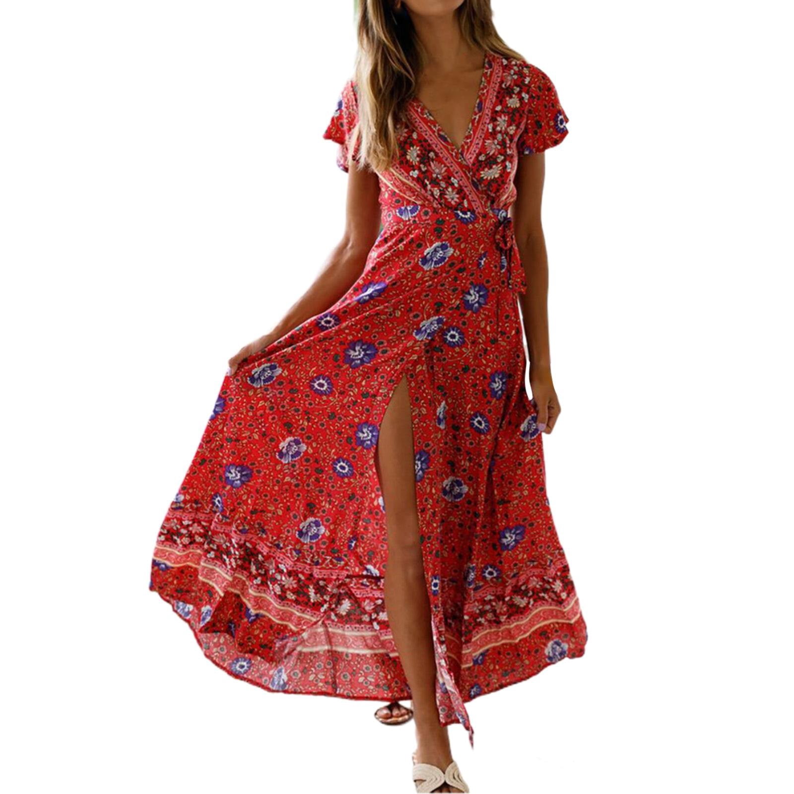 DondPO Maxi Dress for Women Casual Dresses Ladies Summer Casual V Neck Floral Print High Waist Belt Short Sleeve Hem Slit Wrap Dress Summer Dresses Womens Dresses Red Dress M