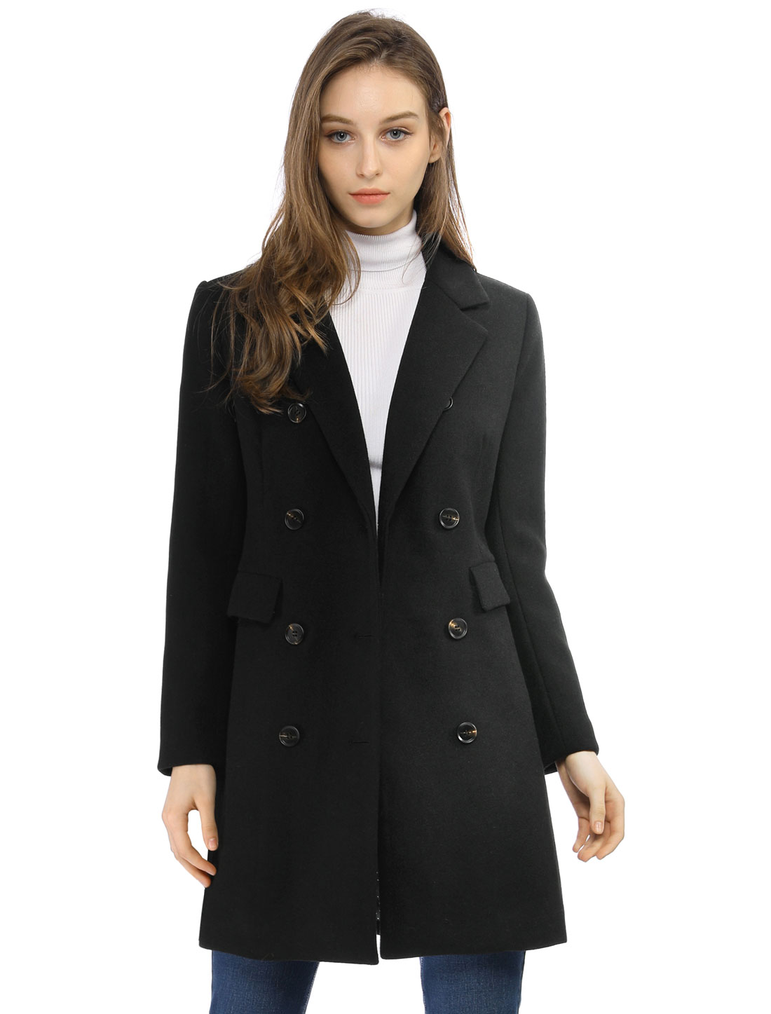 INSPIRE CHIC Manteau Mi-Long à Double Boutonnage pour Femme à Col à Revers Cranté
