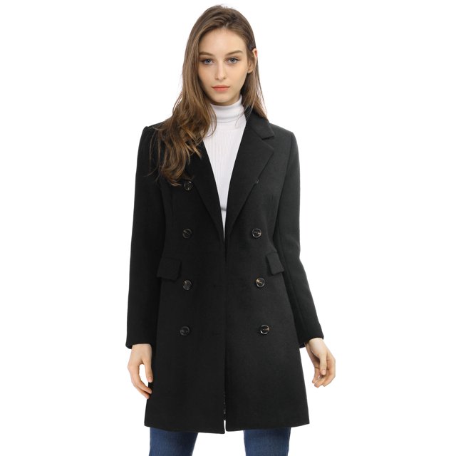 INSPIRE CHIC Manteau Mi-Long à Double Boutonnage pour Femme à Col à Revers Cranté