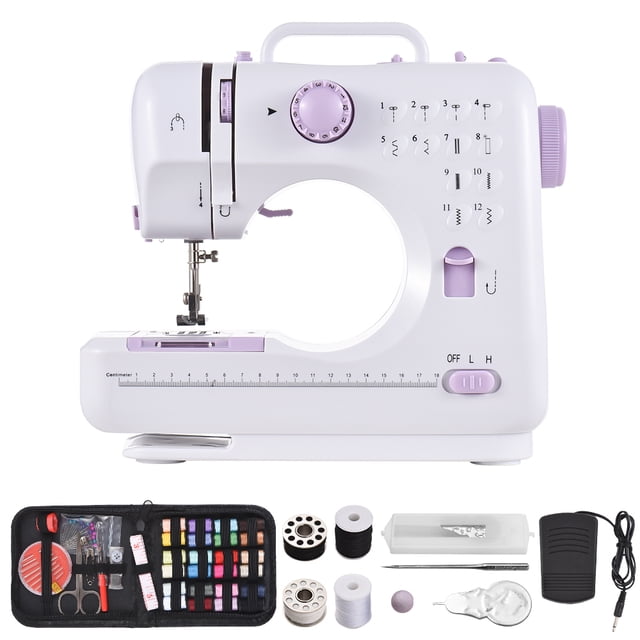 Sewing Machine for Beginners with Complete Accessory, Portable Mini Electric. A compact white and lavender mechanical sewing machine featuring 12 preset stitch patterns, a tension dial, thread cutter, and sewing light. Includes a 42-piece beginner kit with bobbins, spools, spare needle, needle threader, and a manual sewing kit with storage bag. Equipped with an upgraded motor for sewing up to 5 layers of thick denim. Lightweight and portable with a handle and storage drawer. Powered by a DC adapter or 4 AA batteries (not included).