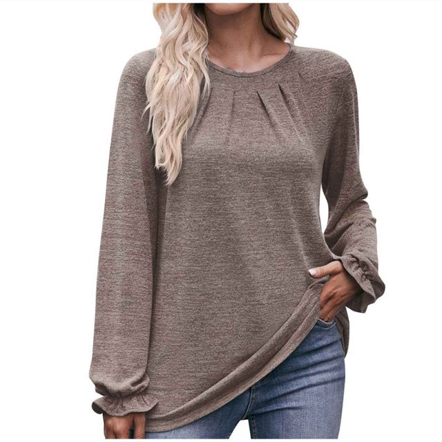 IROINNID Rabais T-shirt à Manches Longues en Polyester pour Femmes Chemises en Coton pour Femmes Décontracté Uni Col Rond T-shirt Ample Haut, Kaki