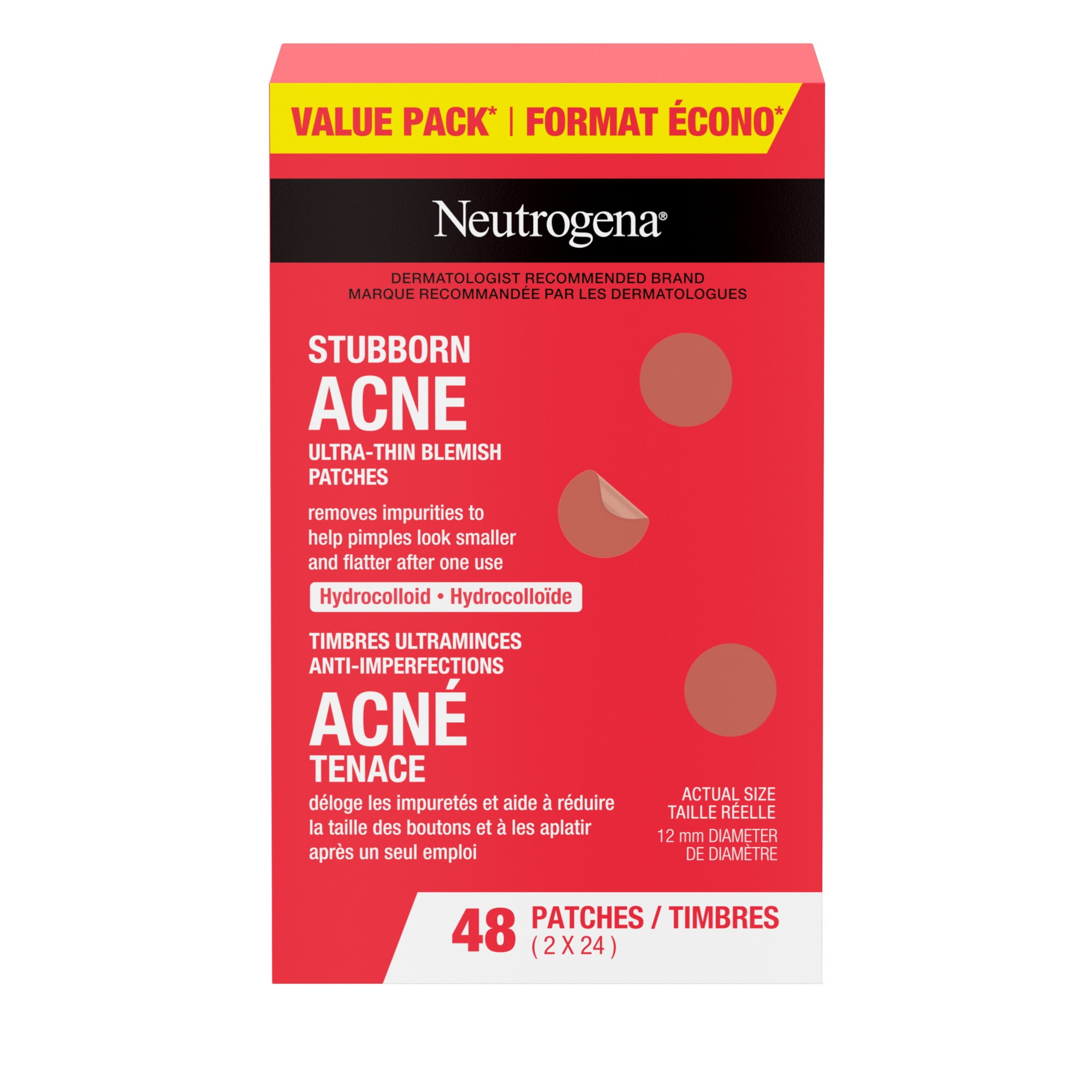 Timbres anti-imperfections Neutrogena Acné tenace, Traitement hydrocolloïde ponctuel, Timbre antiacné, Hypoallergénique, Emballage duo