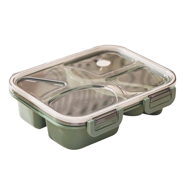 TIMIFIS Lunch Container Lunch Box Plastic Dinner Four Bowl Sealed Microwave Tableware Set for Home Dormitory. A green plastic bento box with four compartments, a clear airtight lid featuring a breathable hole, and secure side clasps. Designed for meal prep, it is microwave-safe, reusable, and lightweight, suitable for home, dormitory, or on-the-go use.