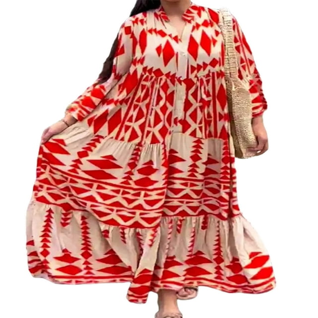 Women Long Dress Long Sleeve Button-down Geometric Print Bohe Dress