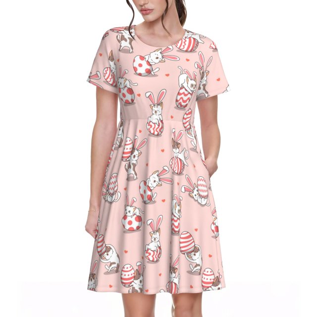 Bixox Women's Short Sleeve Summer Dress Loose Swing Knee Length Dresses with Pockets-Easter Rabbit